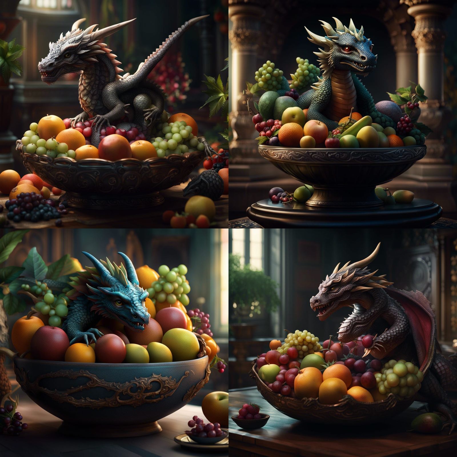 Baby Dragon in Fruit Bowl: Digital Matte Painting