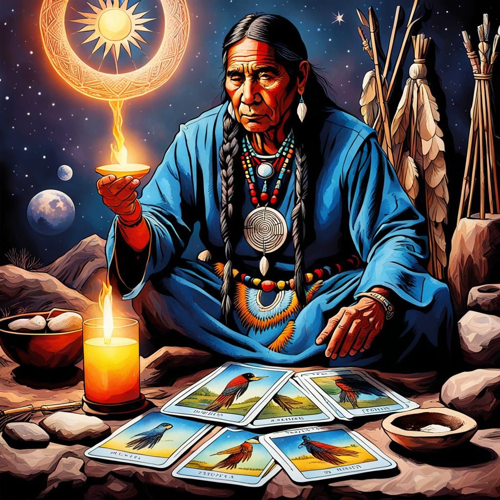 Native American Shaman Reads Tarot Cards