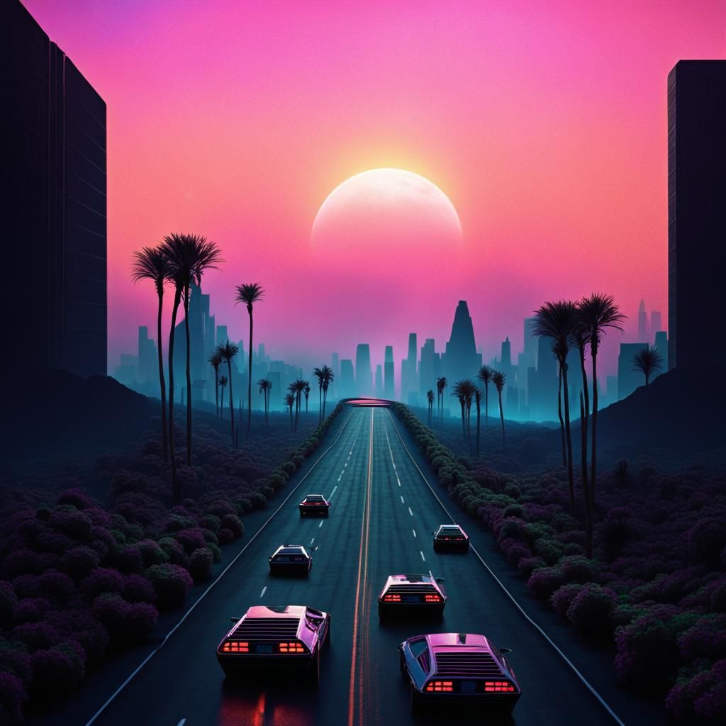 Neon Highway Under Blazing Sun, in Cyberpunk Style