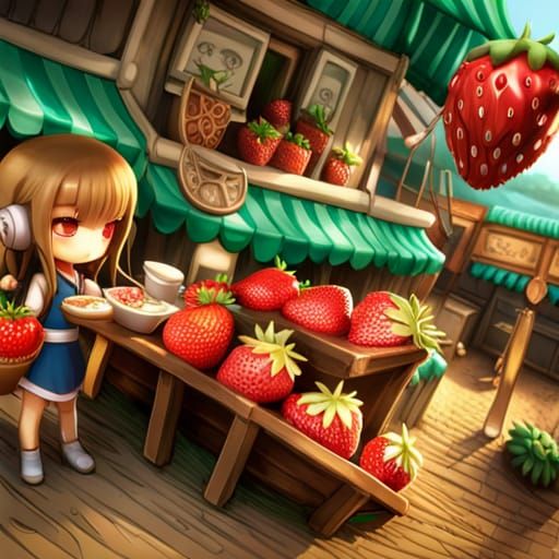 Chibi girl Dragon working at a gorgeous strawberry stand