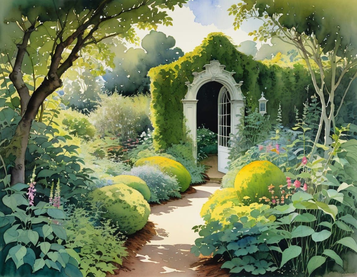 Whimsical Secret Oasis in Watercolor