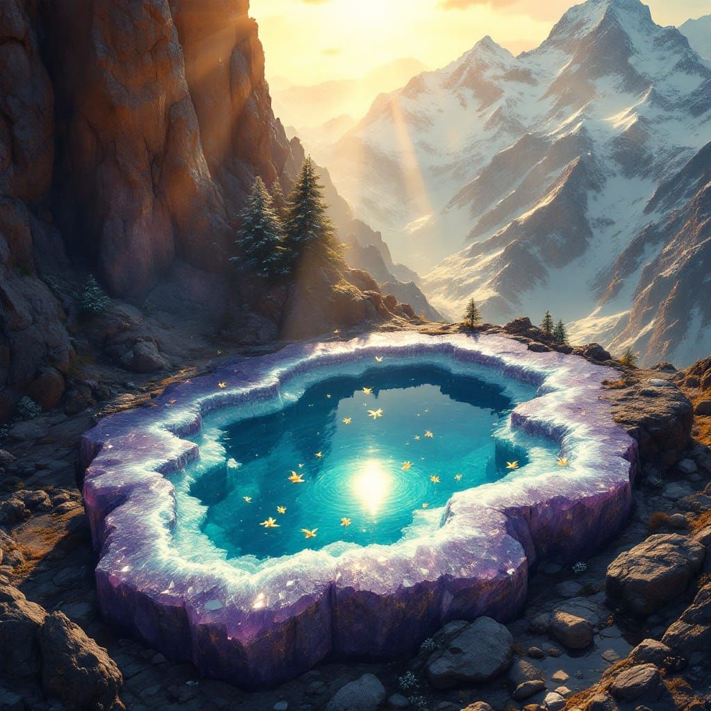 Majestic Amethyst Geode Frames Serene Sapphire Lake in Surre...