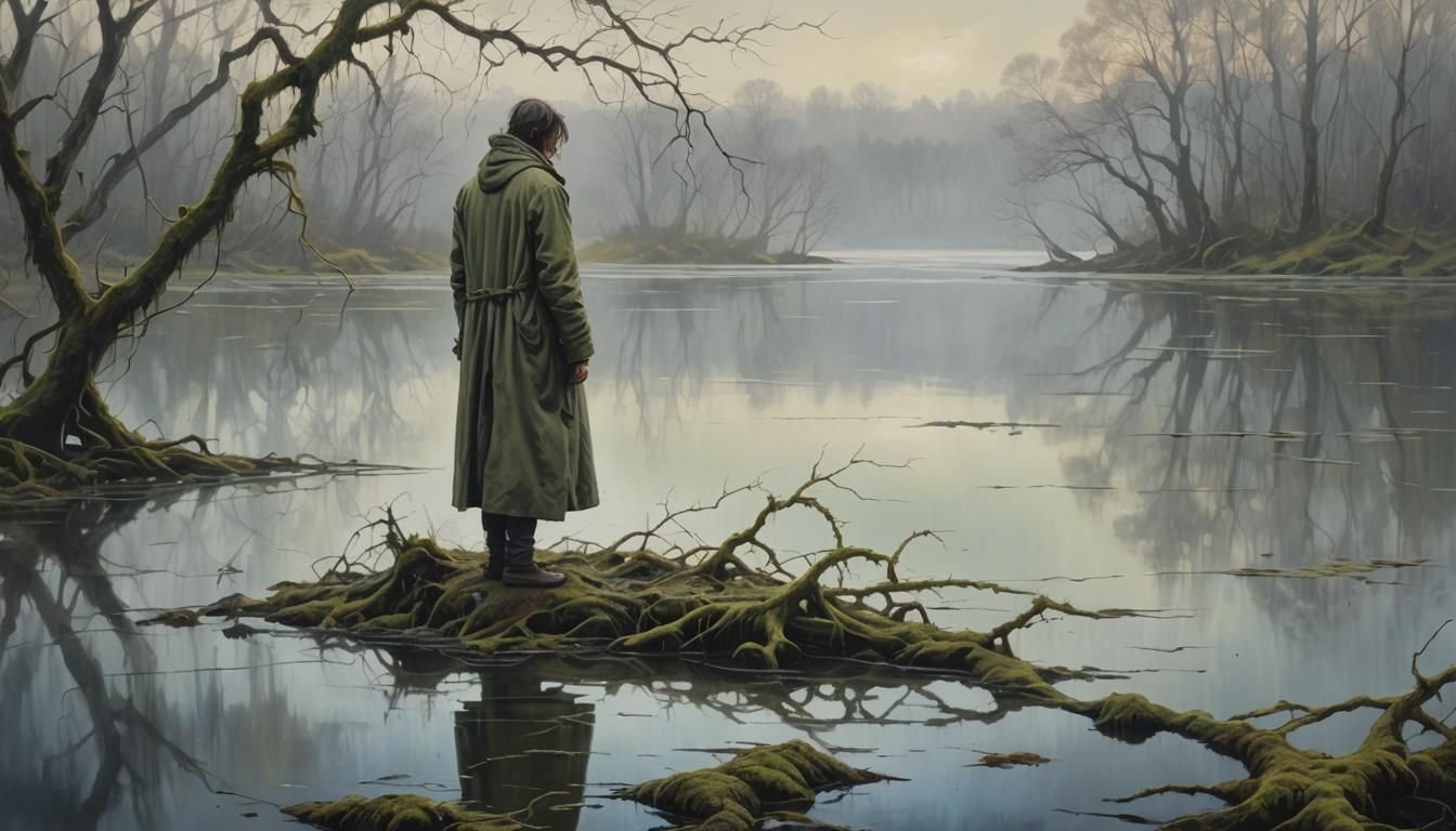 Ethereal Figure at Misty Lake: Surreal Oil Painting