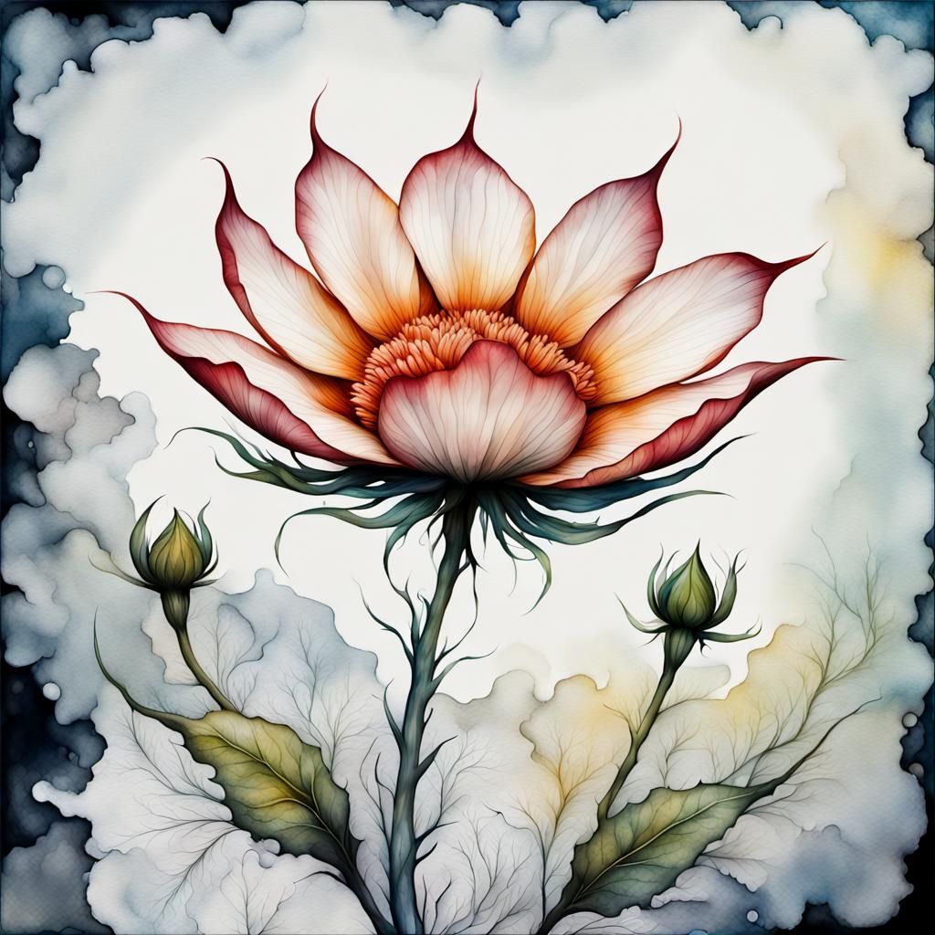 Minimalist Flower in Encaustic Ink Painting