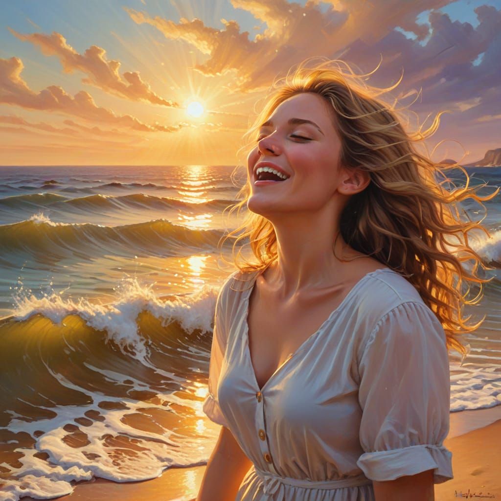 Vibrant Oil Painting of Person Singing to Ocean