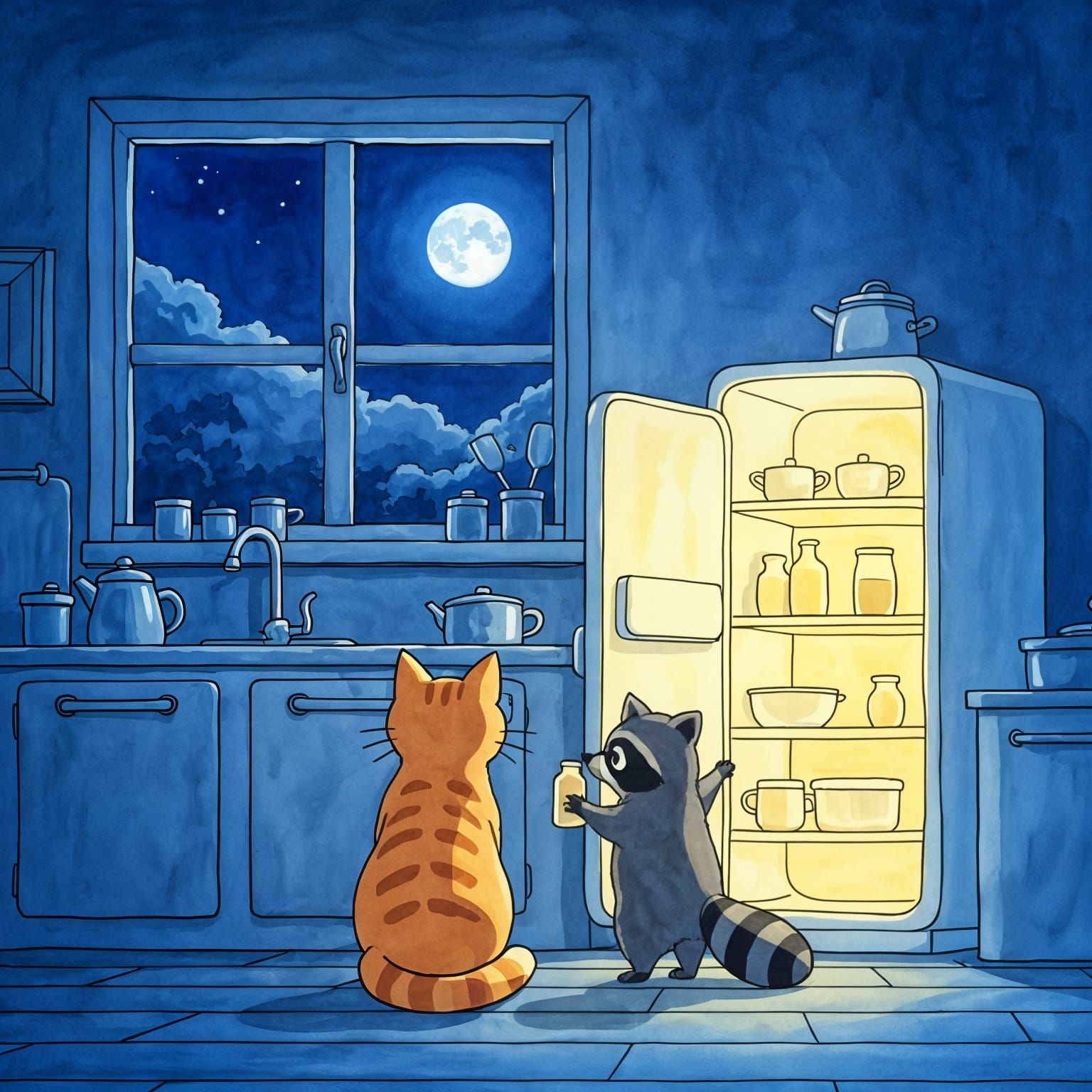 Cat and Raccoon Share Moonlit Kitchen in Ghibli Style