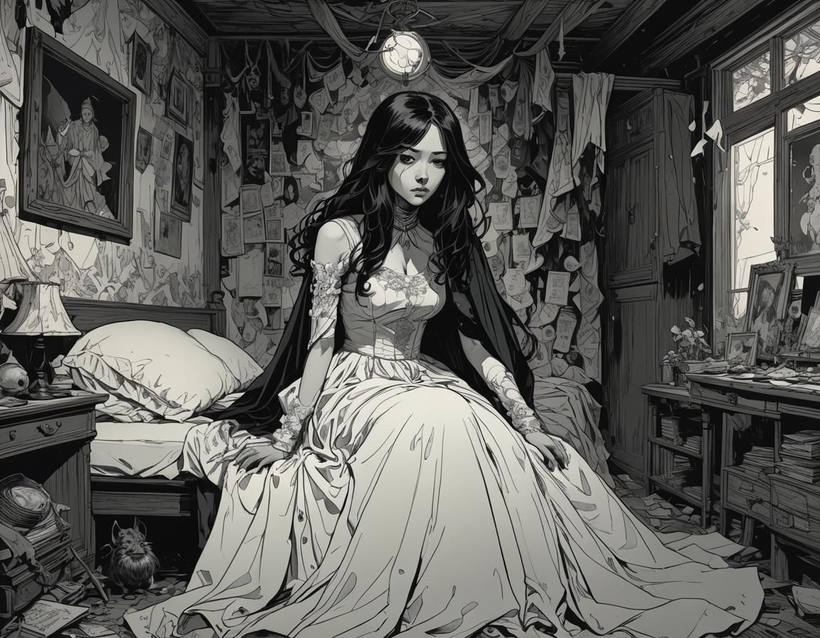 Scared Witch Hiding: Symbolist Style Image