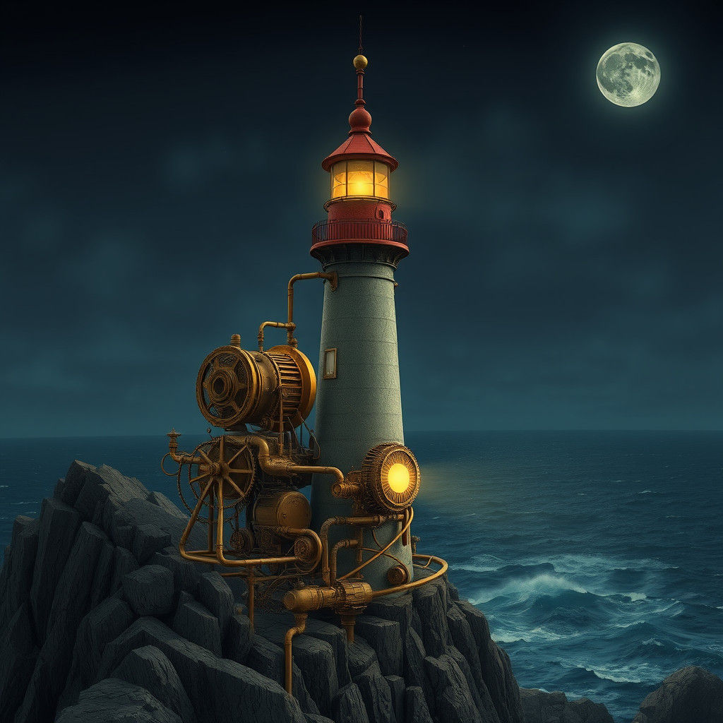 Steampunk Lighthouse Pierces Dark Sky