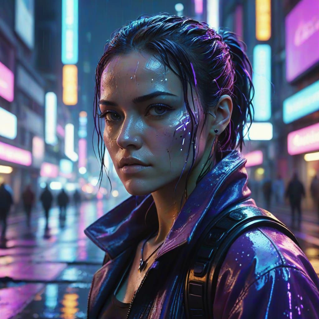 Cyberpunk Cityscape Portrait with Neon Reflections
