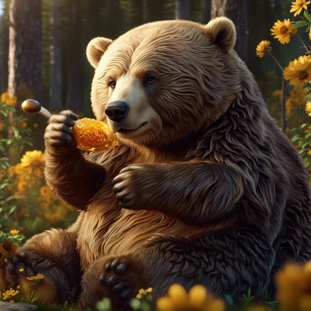 Adorable Obese Bear Eating Honey in Hyperrealism