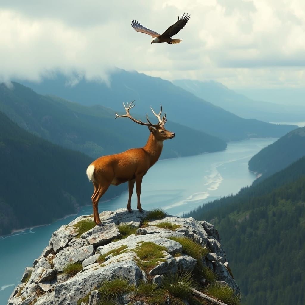 Stag, Eagle, and River on Rocky Outcrop