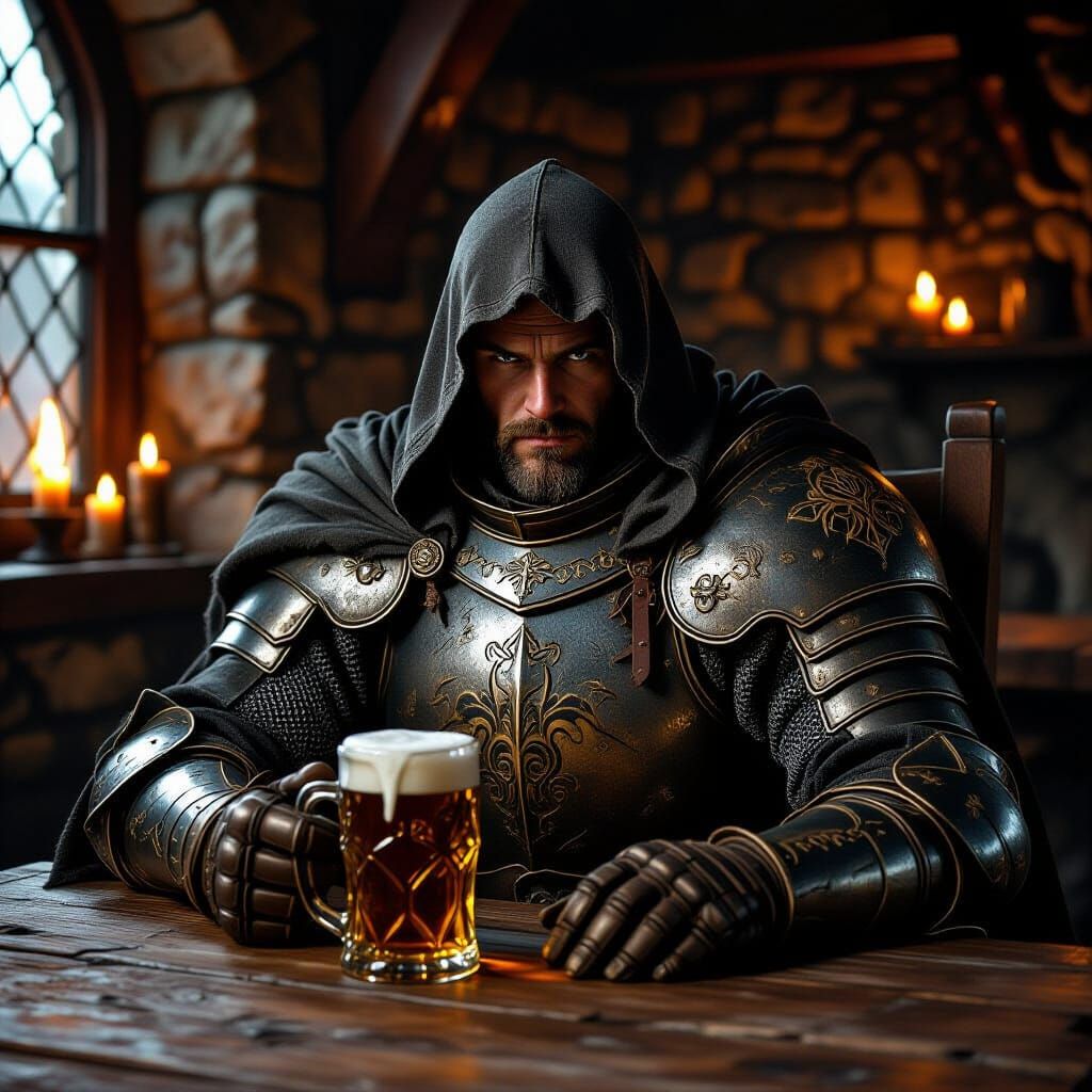 Knight's Solitude in a Dim Tavern, Frazetta-inspired