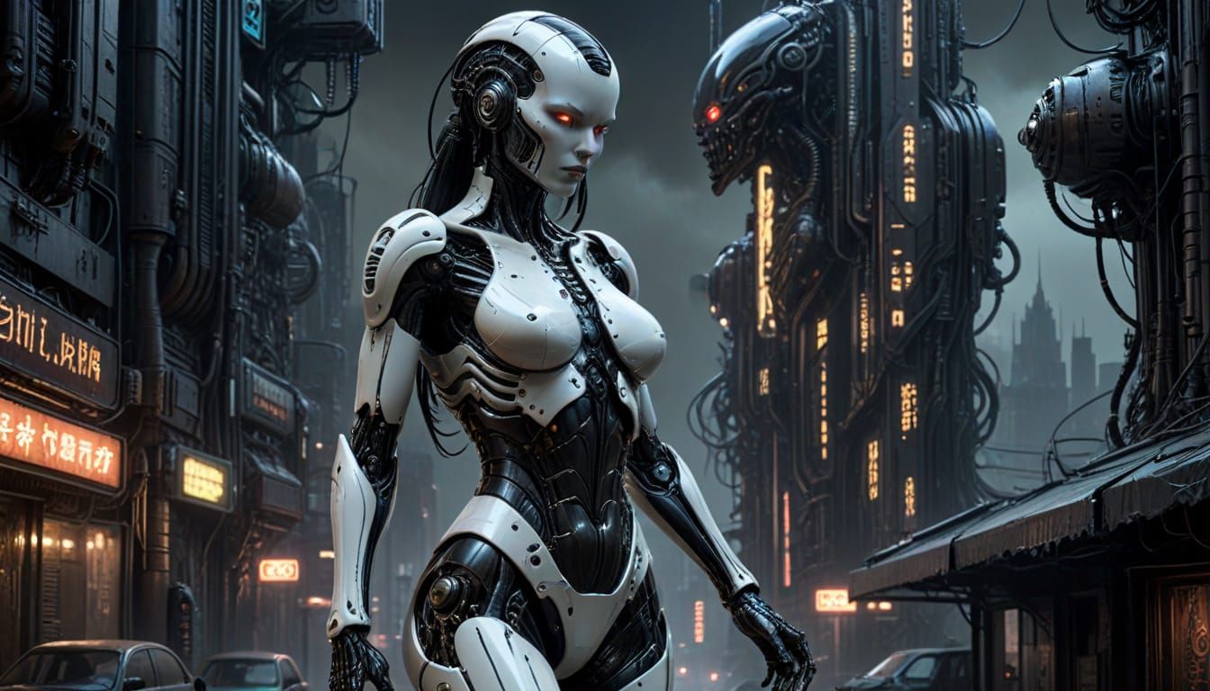 Gothic Gynoid Pinup in Cyberpunk Cityscape