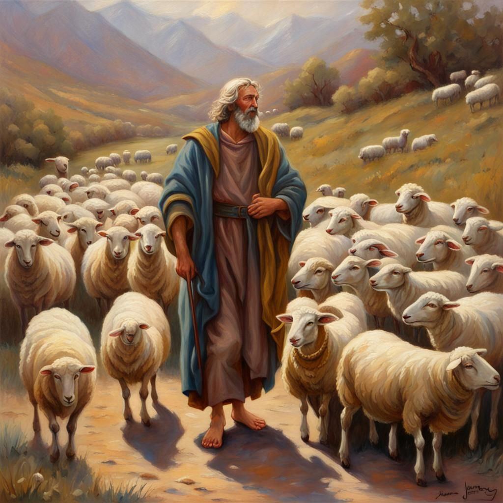 The Good Shepherd with Sheep as Oil Painting