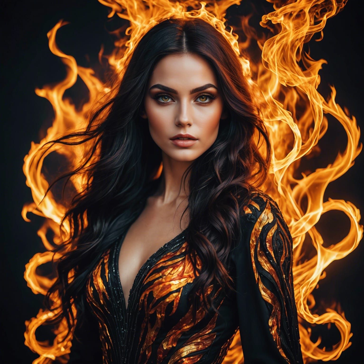 Fiery Goddess Portrait with Sparkling Amber Eyes