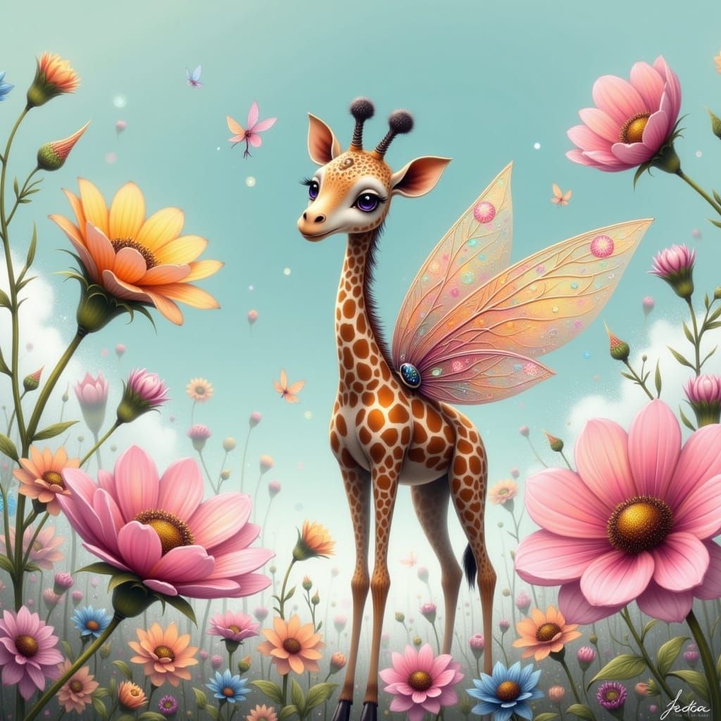 Whimsical Giraffe Soars Among Vibrant Flowers in Fantastical...