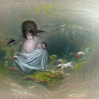 Creepy Bird Child in Pond, Doré Style