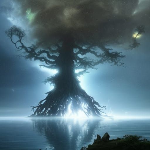 Giant Tree Robot vs Water Spirit at Dawn