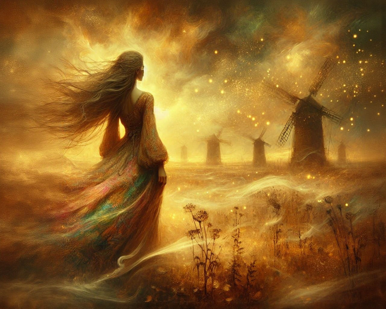 Ethereal Woman in Windswept Landscape, Oil Painting