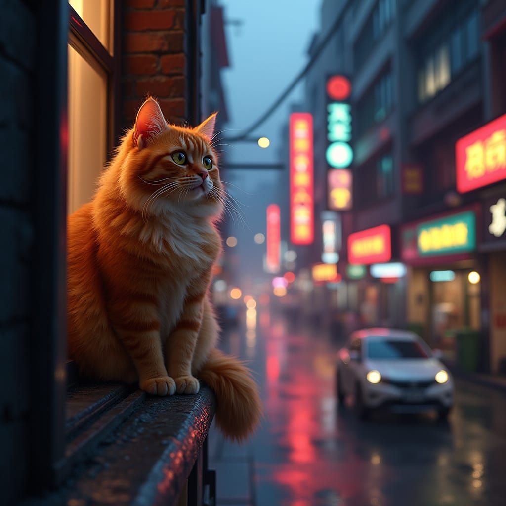 Ginger Cat Views Hong Kong Dusk from Window