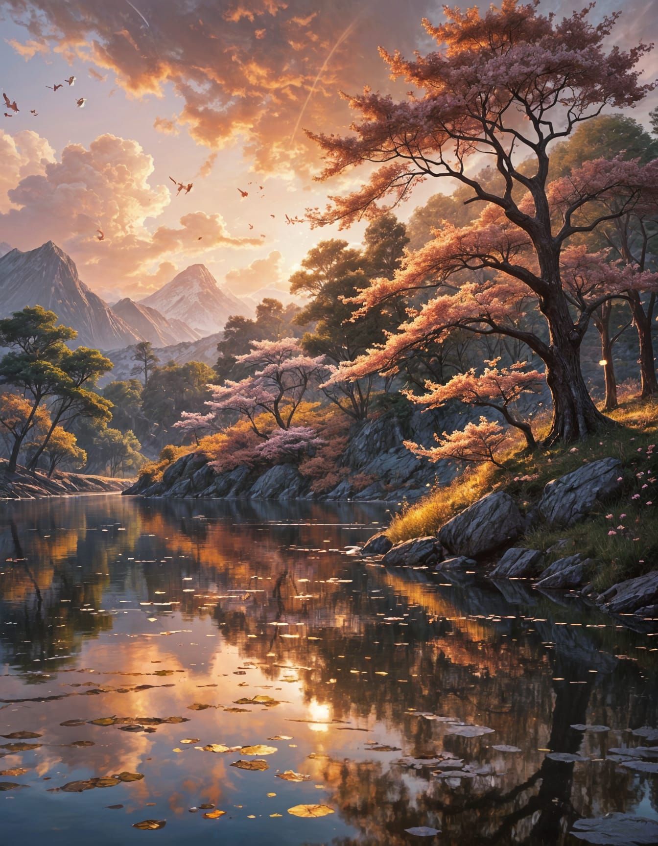Surreal Anime Landscape at Sunset, Cherry Blossoms and Biolu...