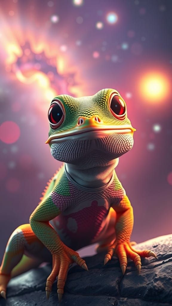 Anime-Style Lizard Goddess in Whimsical Nebula Landscape