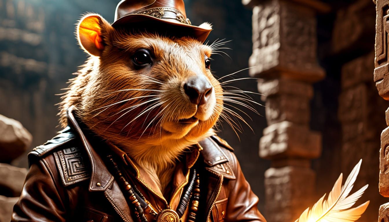 A HUMANOID CAPYBARA DRESSED AS INDIANA JONES EXPLORING AN