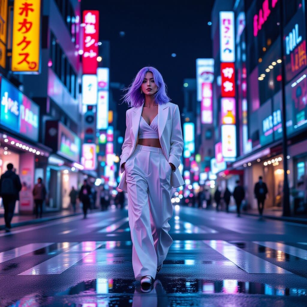 Neon Tokyo Street Scene with Lavender-Haired Figure
