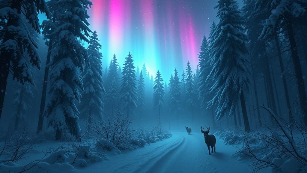 Mystical Winter Forest with Neon Aurora and Hidden Animals