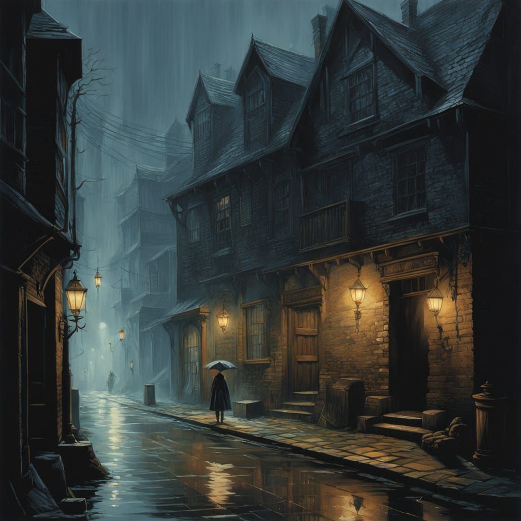 Mystical Artifact in Dark Fantasy Alleyway Painting