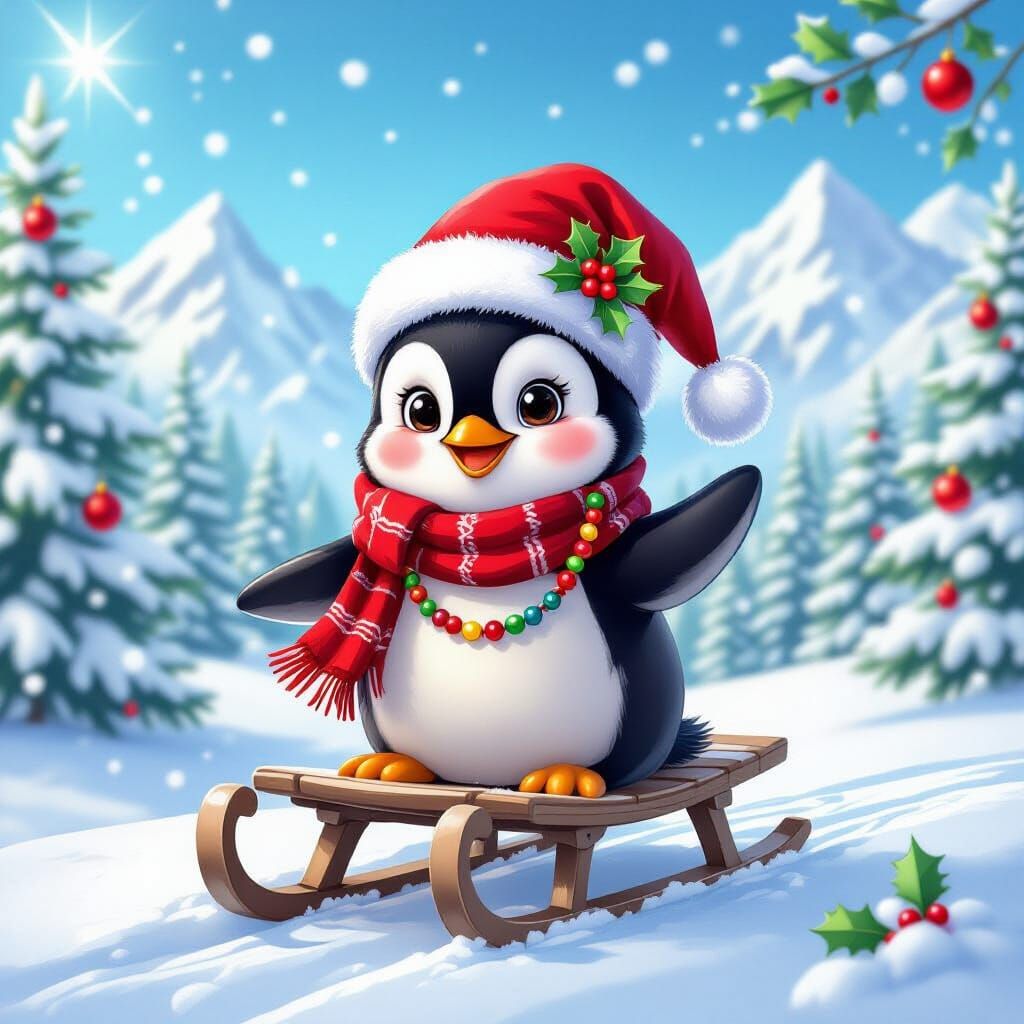 Joyful Penguin in Santa Hat on Sled in Winter Wonderland