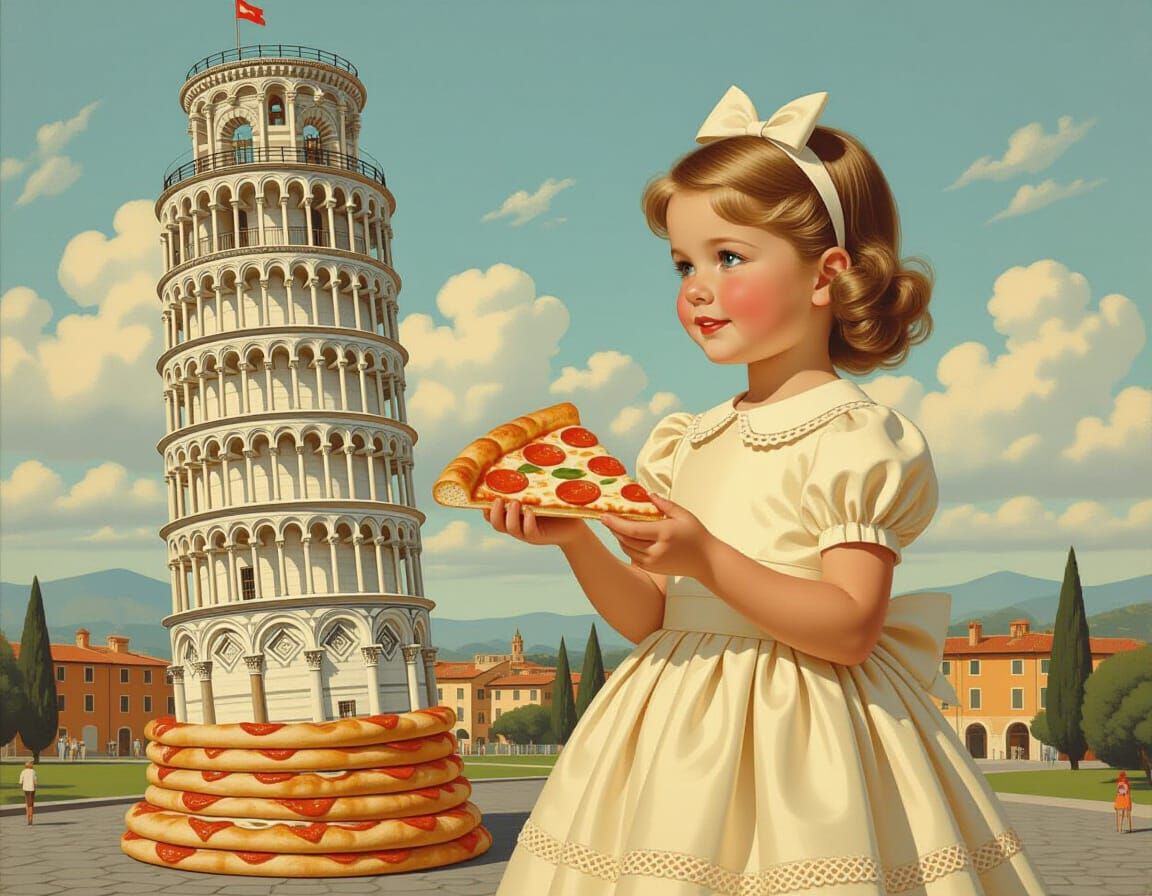 Girl with Pizza Tower of Pisa in Whimsical Style