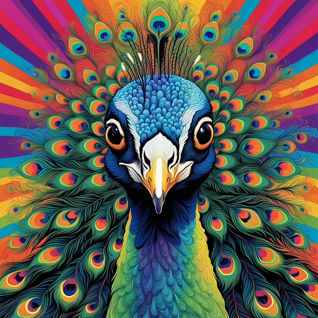 Psychedelic Peacock Portrait in Rainbow Colors
