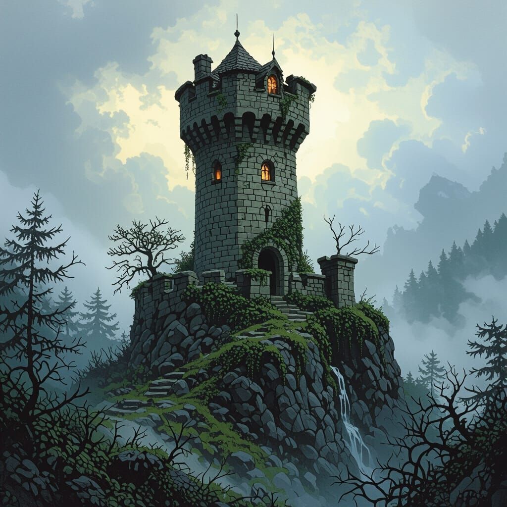 Mystical Medieval Watch Tower in Dramatic Lighting