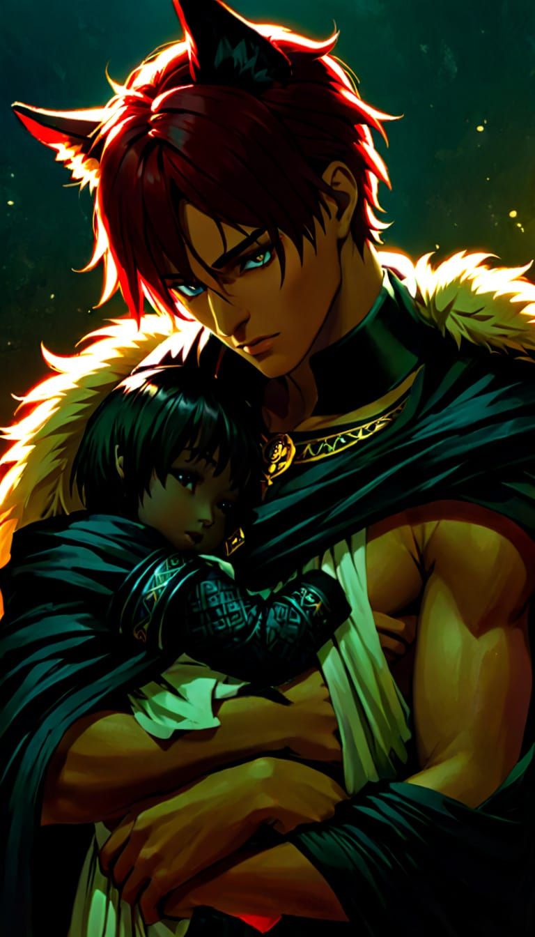 Mythological Portrait of a Werewolf Father and His Newborn D...