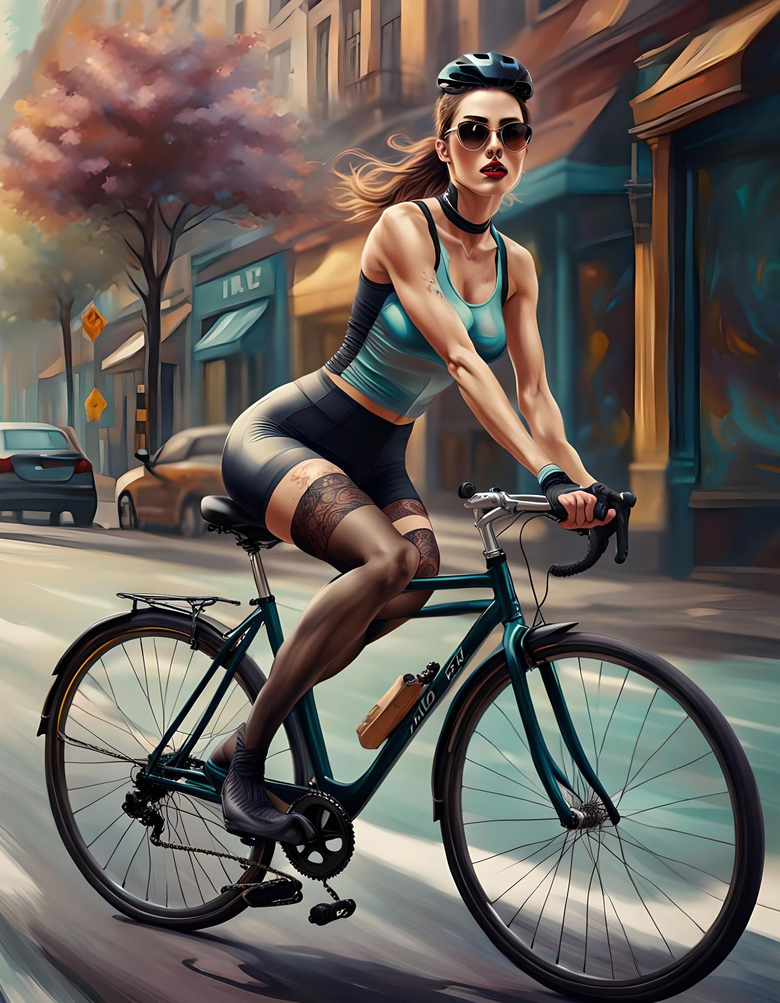 Hyperrealistic Young Woman on Bike in Splash Art Style