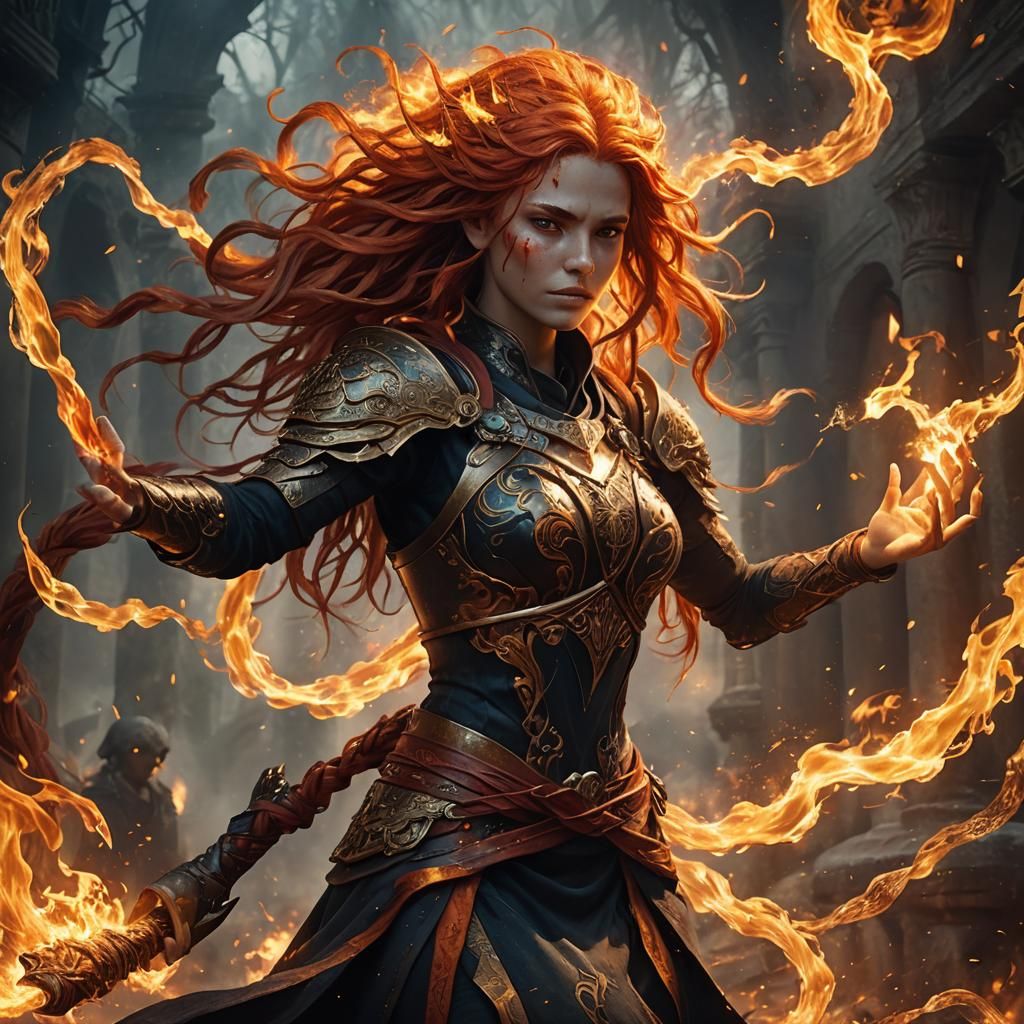 Young Fire Genasi in Mythical Flame Environment