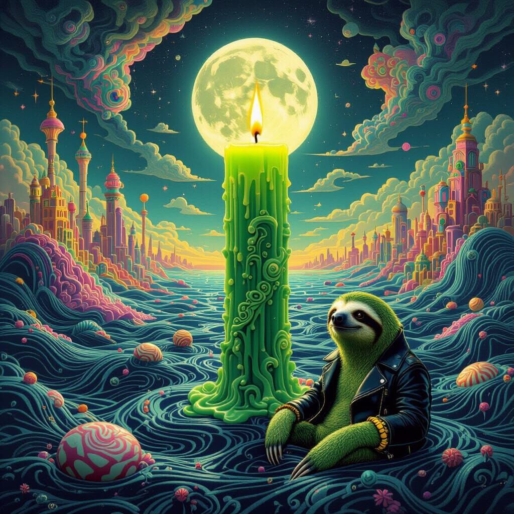 Surreal Candlelight Cityscape with Sloth in Psychedelic Styl...