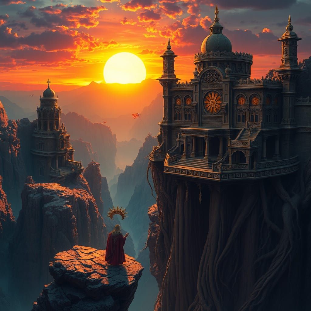 Regal Figure at Precipice's Edge, in Unreal Engine 5 Fantasy...