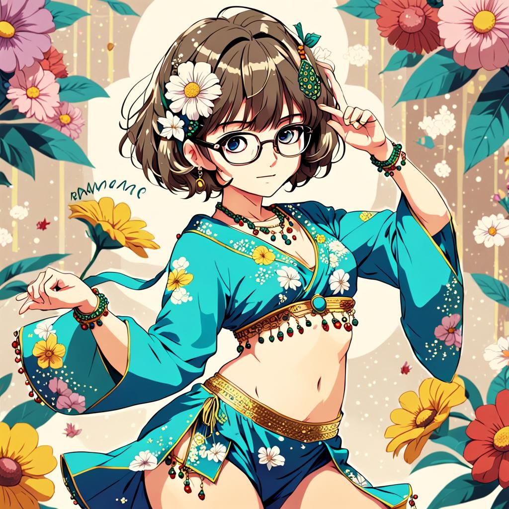 Anime Woman Belly Dancing with Flowers in Hair