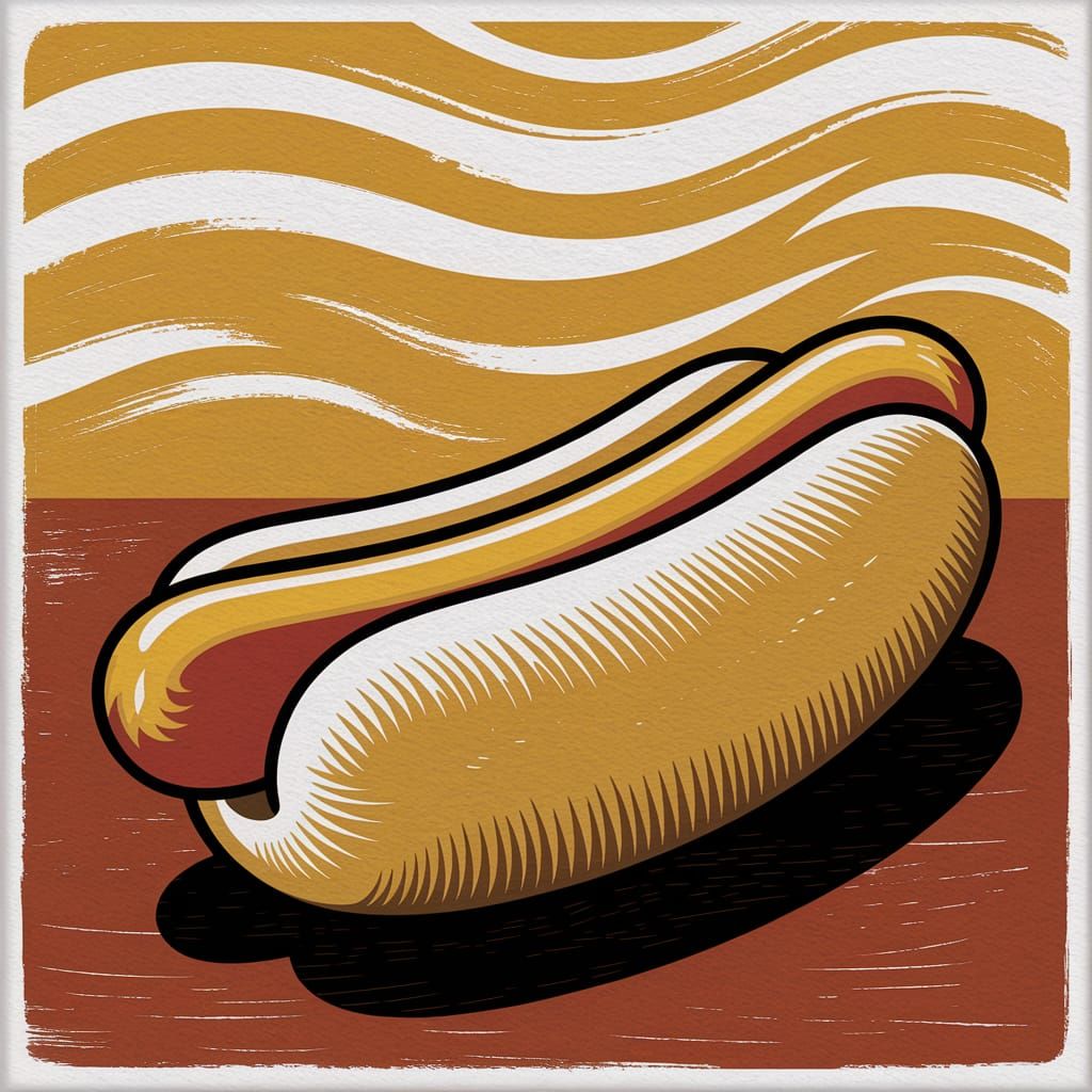 Stylized Yellow Hotdog in Japanese Woodblock Print Style