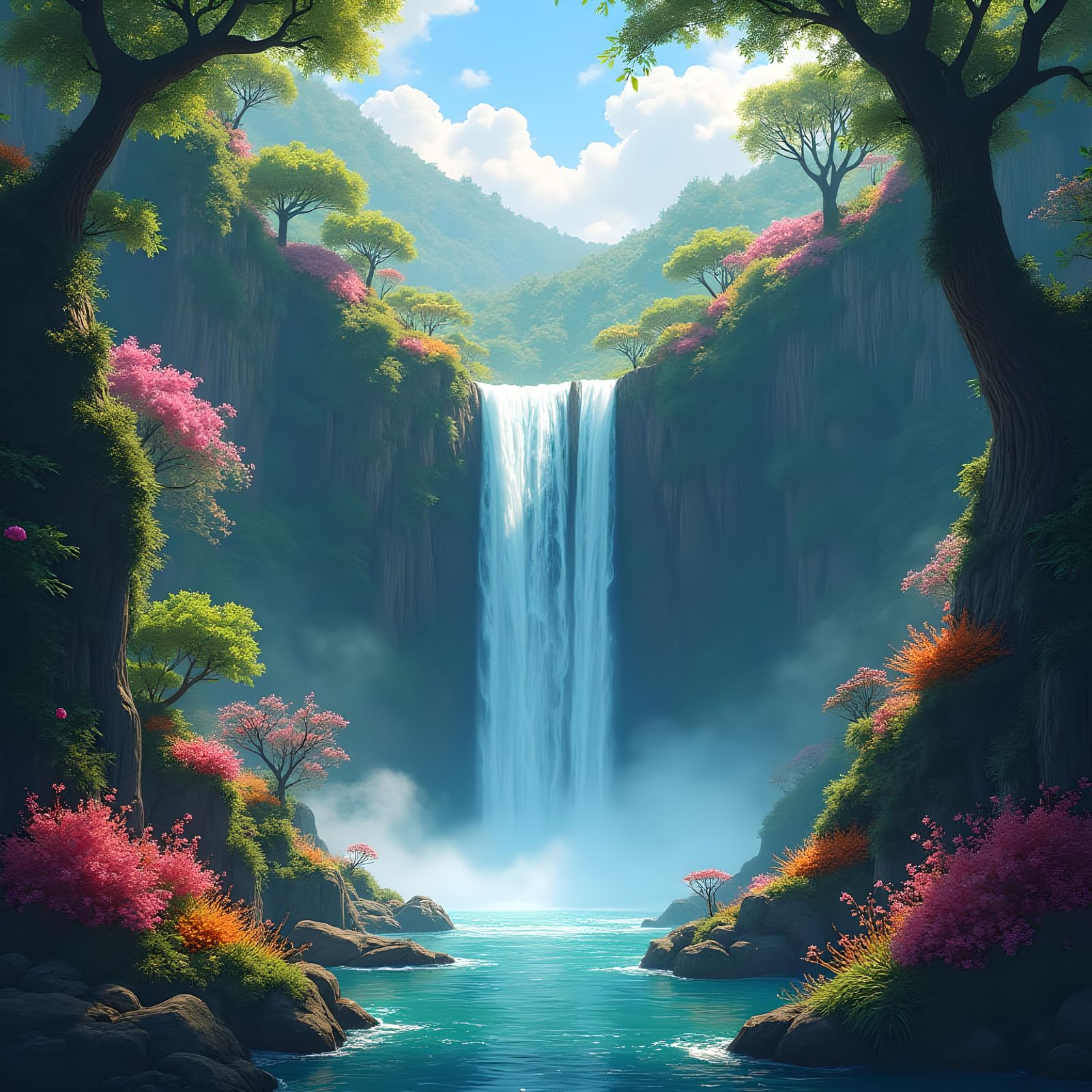 Lush Waterfall Scene in Detailed Matte Painting