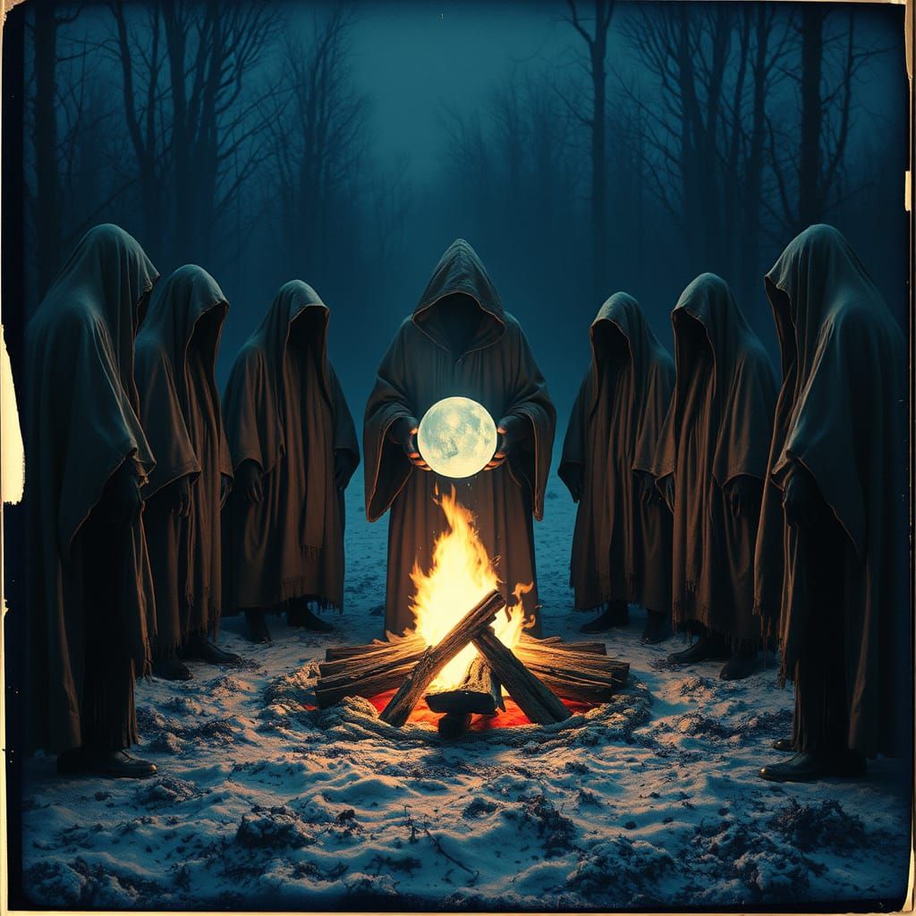 Ghostly Figures Gather Around a Flickering Bonfire in a Haun...