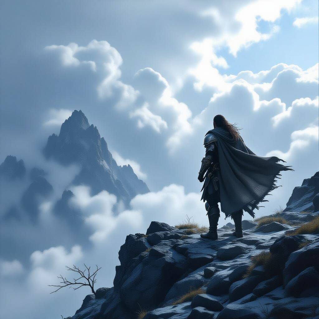 Lone Warrior on Mountain Peak in Dramatic Digital Art Style
