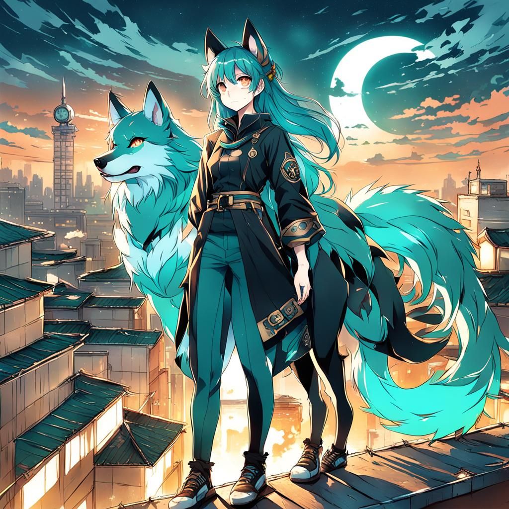 Teal-Haired Wolf Woman on Rooftop, Anime Style