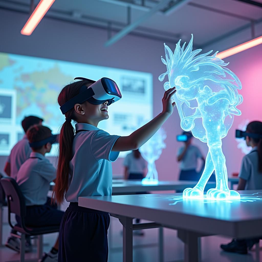 Futuristic Classroom with VR Headsets and Holographic Displa...