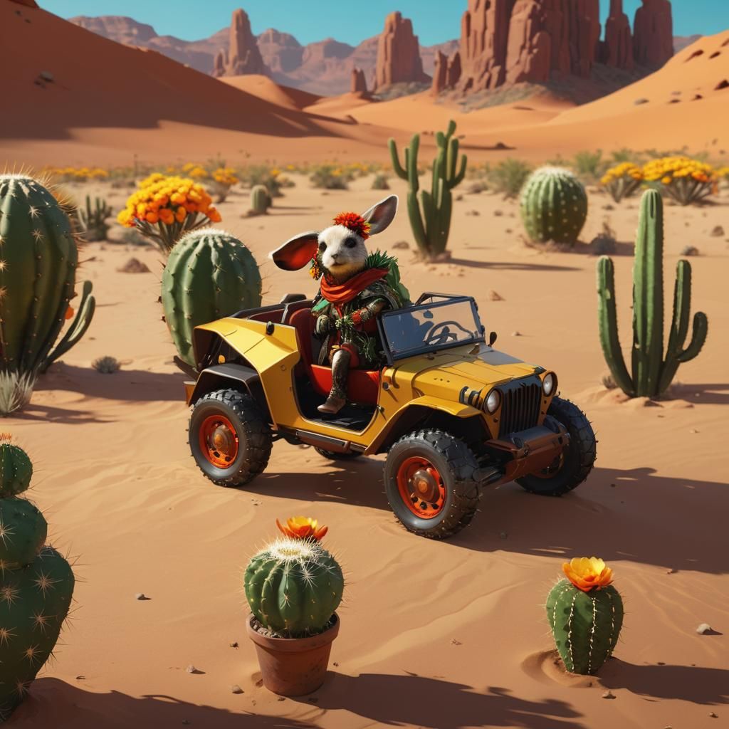 Surreal Desert Oasis with Adorable Jackrabbit and Vibrant Ca...