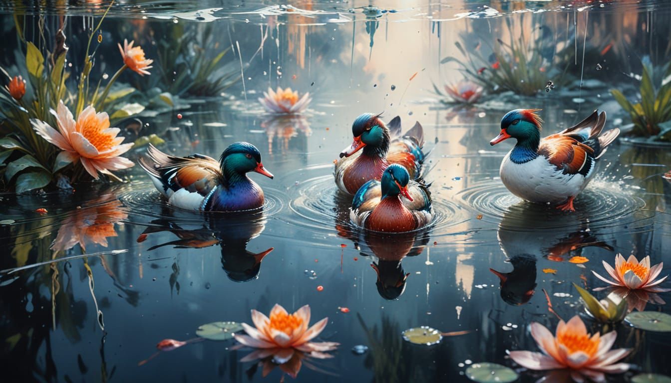 Mandarin Duck Gliding: Neo-Impressionist Oil Painting