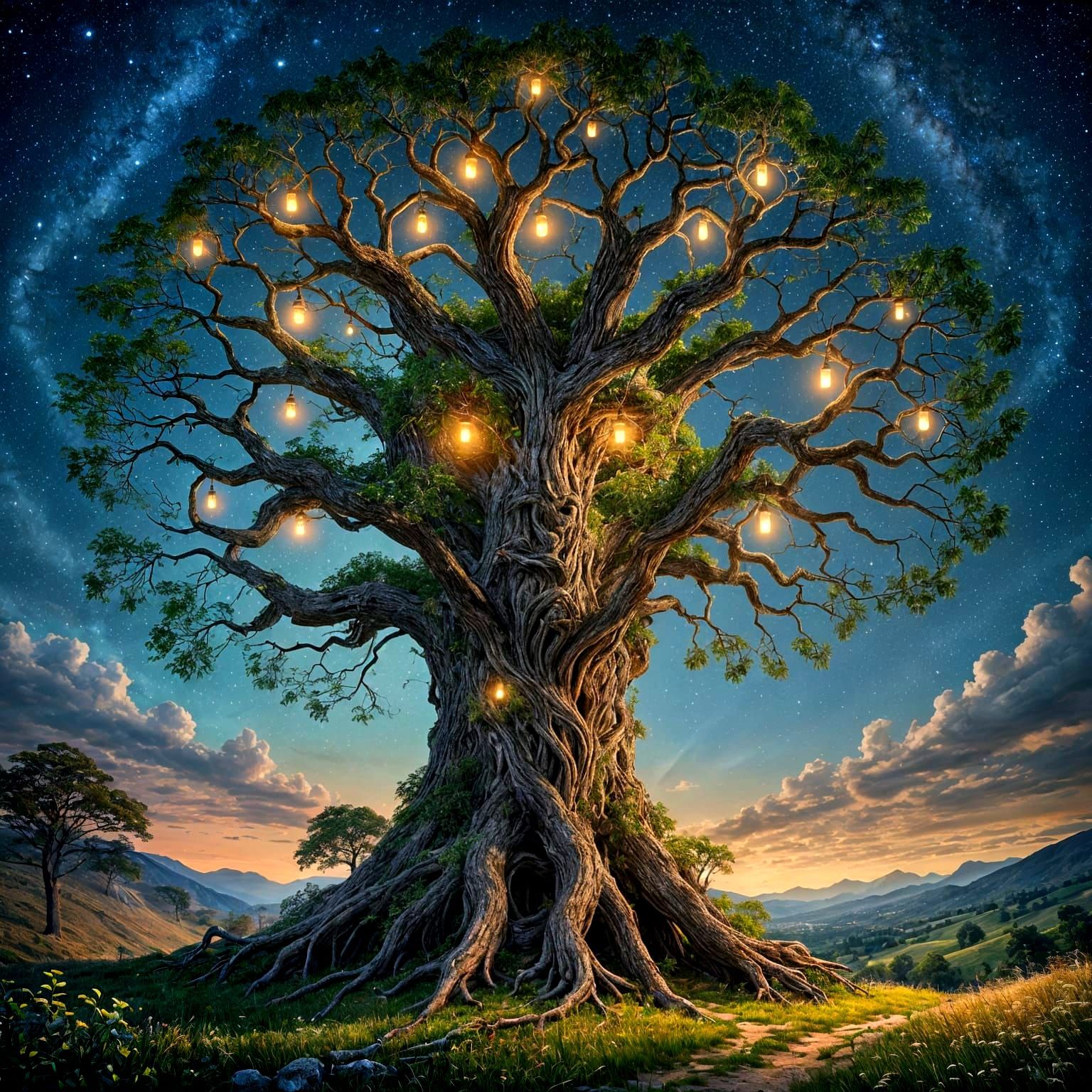 Ancient Magical Tree Enigma in Moonlit Landscape