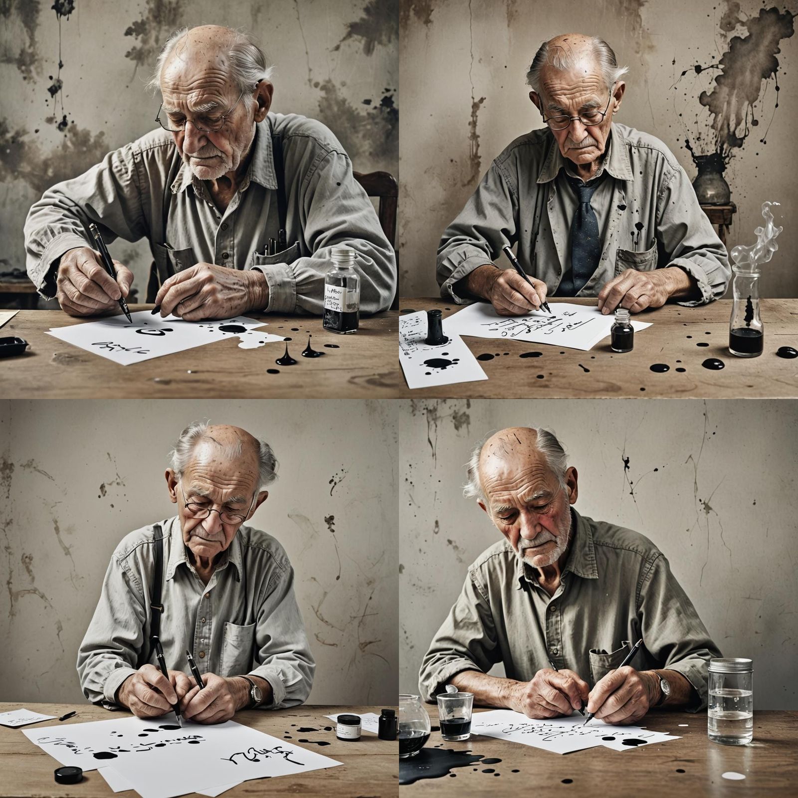 Old Man Writing Letters with Ink